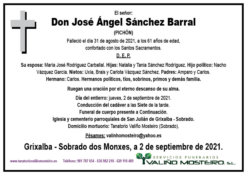 Esquela de José Ángel Sánchez Barral.